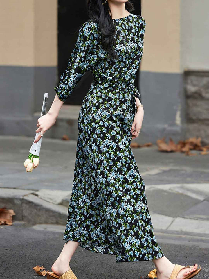 Ella Elegant Boat Neck Waist Floral Dress