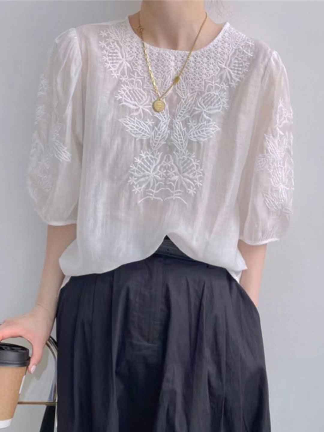 Ava Retro Crew Neck Puff Sleeve Embroidered Top