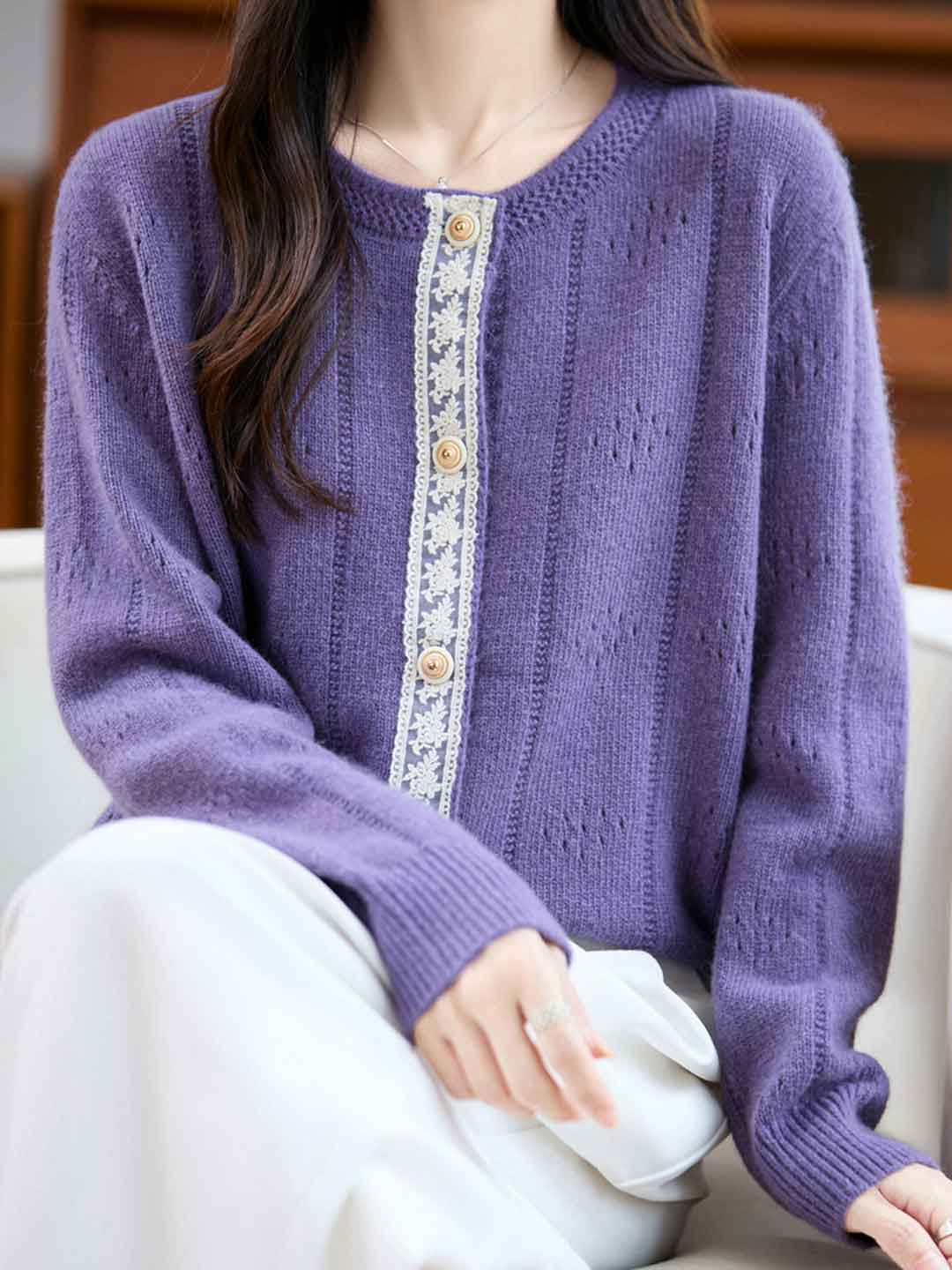Julia Loose Crew Neck Solid Color Lace Knitted Cardigan