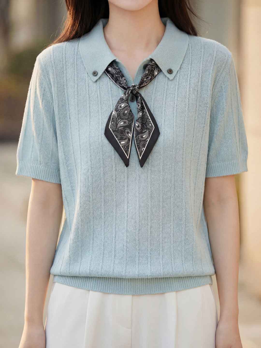 Mia Daily Lapel Solid Color Bow Knitted Top