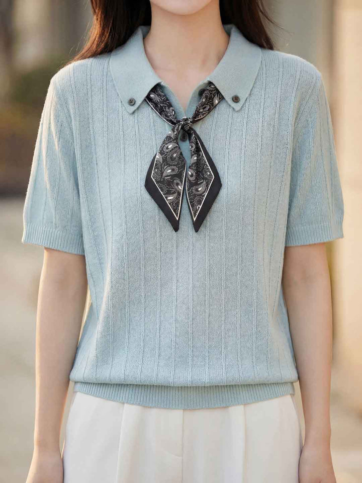 Mia Daily Lapel Solid Color Bow Knitted Top