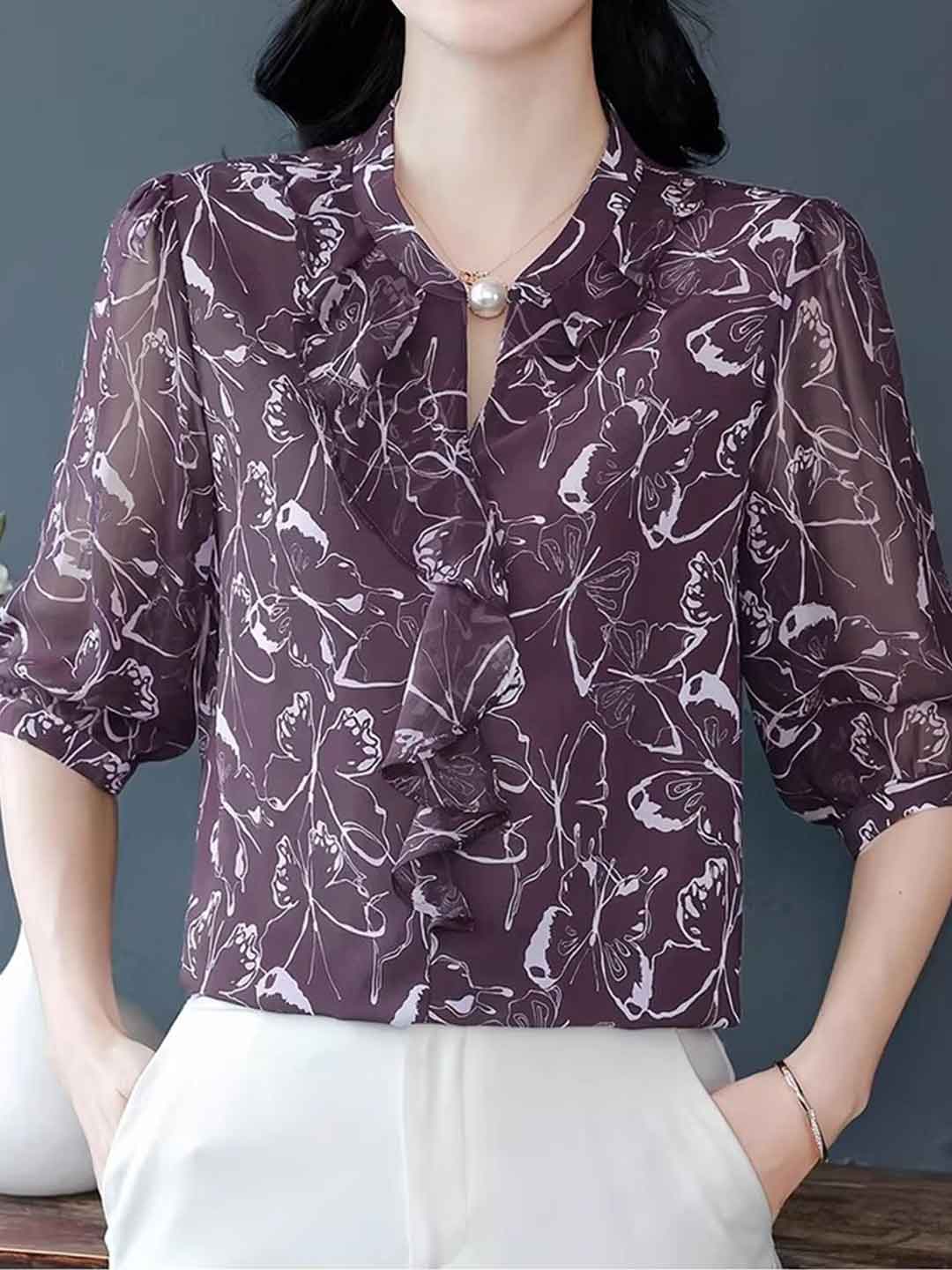 Taylor Loose Ruffle Printed Chiffon Top