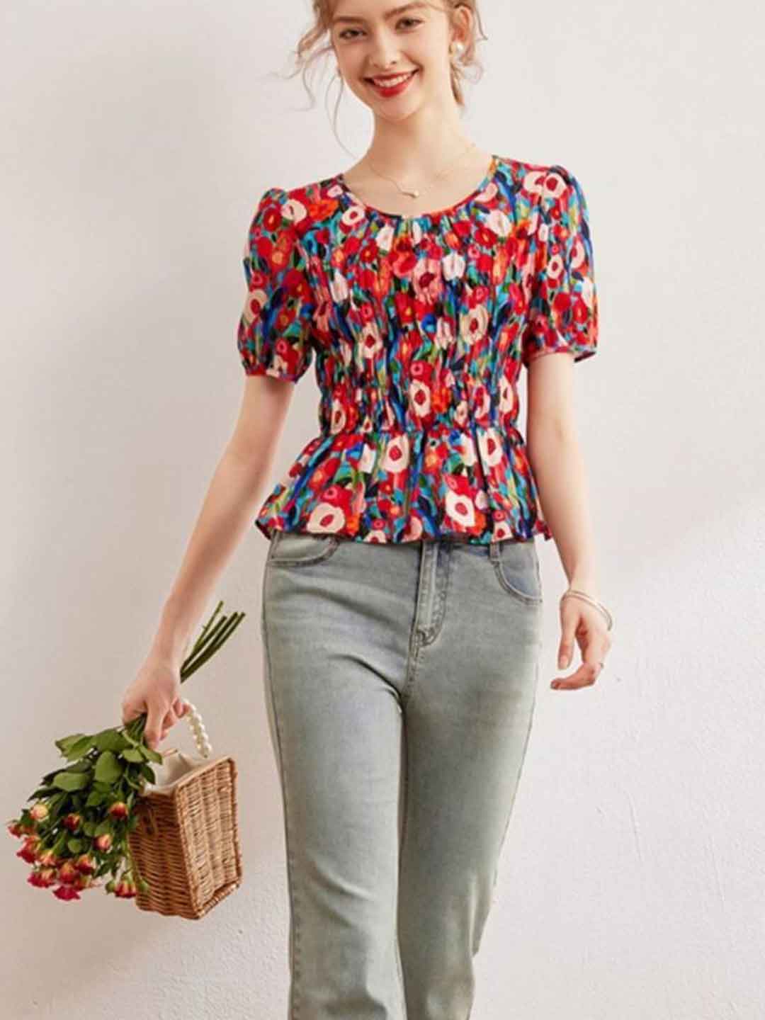 Ava Vacation Crew Neck Puff Sleeve Floral Printed Top