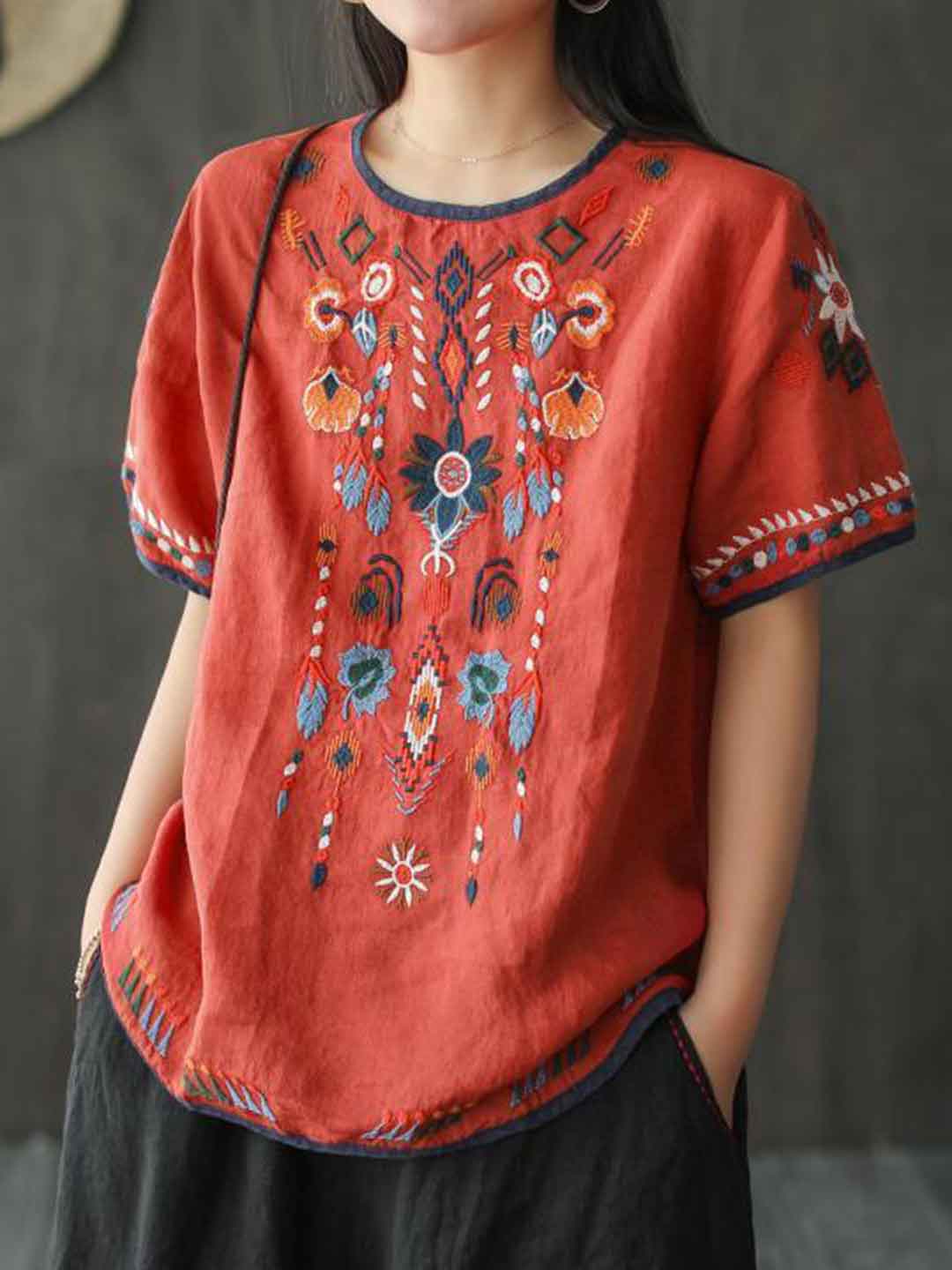 Mia Loose Crew Neck Embroidered Top