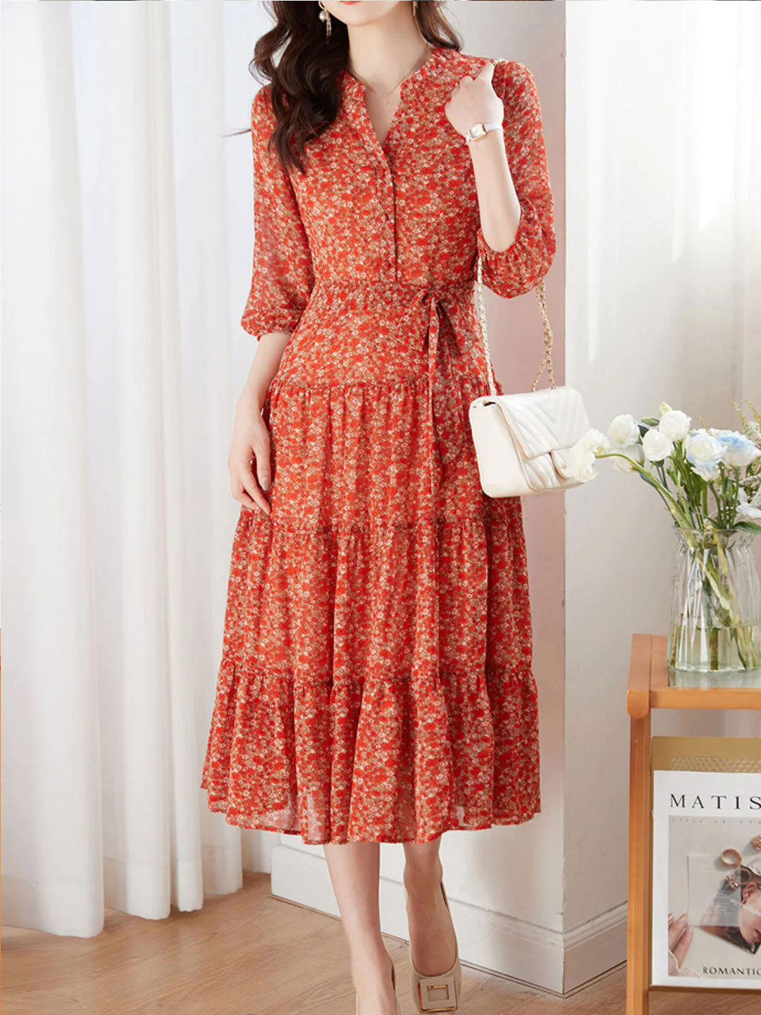 Alexis Vintage Ruffle Floral Chiffon Dress