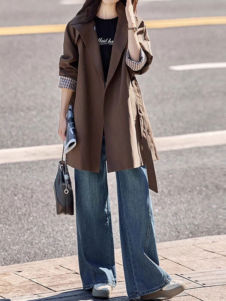 Emily Daily Suit Collar Belted Solid Color Trench Coat