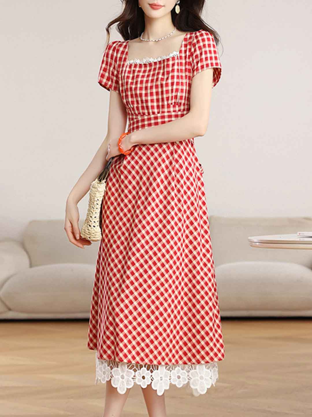 Riley Retro Square Neck Plaid Dress