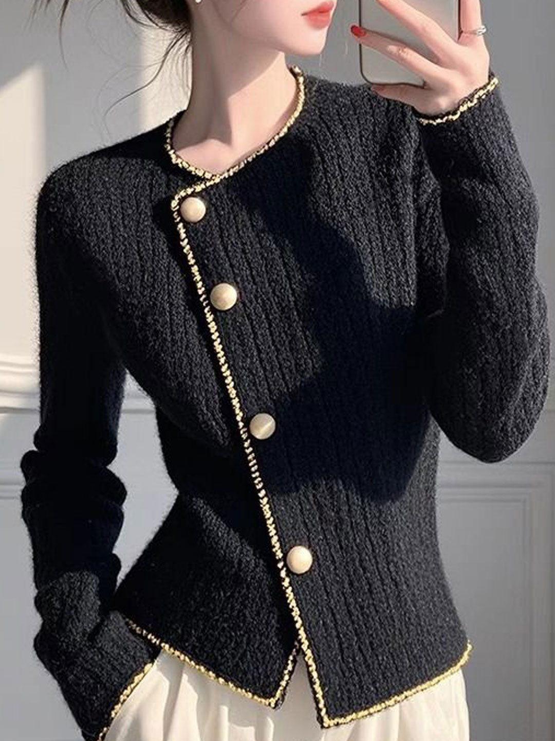 Ella Daily Crew Neck Irregular Solid Color Knitted Cardigan
