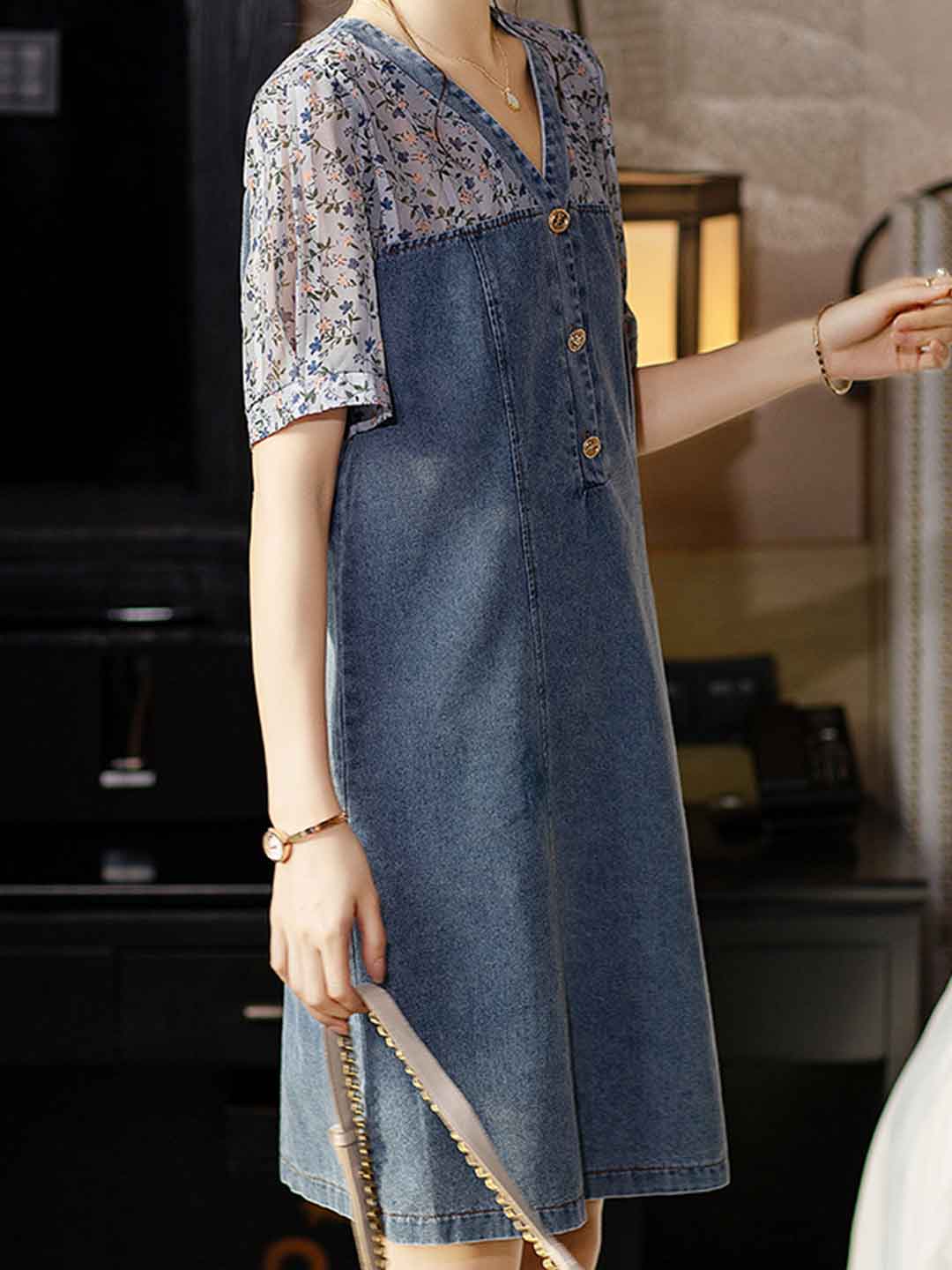 Madison Casual V-Neck Printed Patchwork Dress