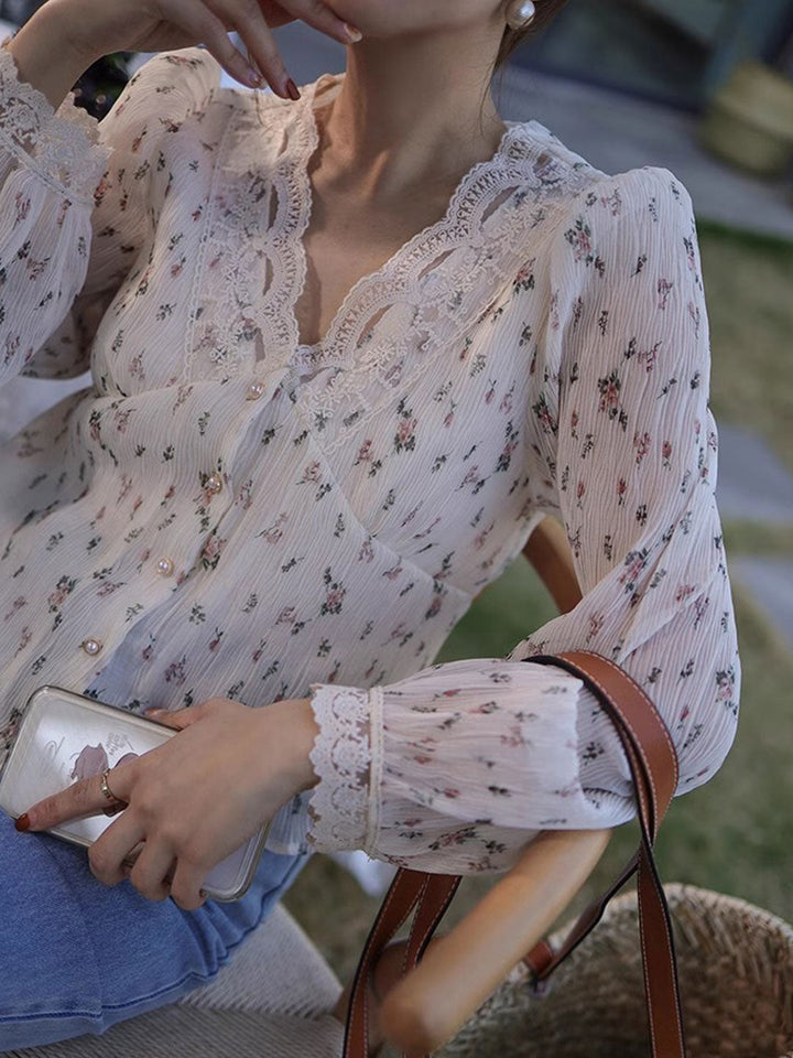 Lydia Retro V-Neck Lace Floral Chiffon Blouse