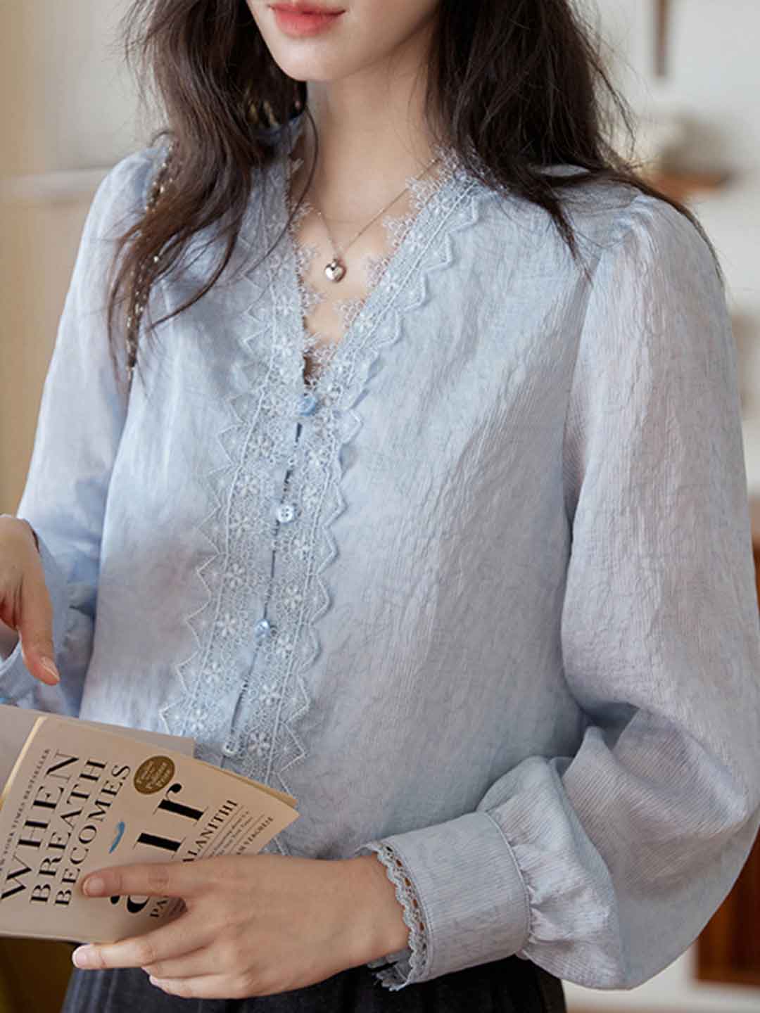 Riley Daily V-Neck Lace Jacquard Blouse