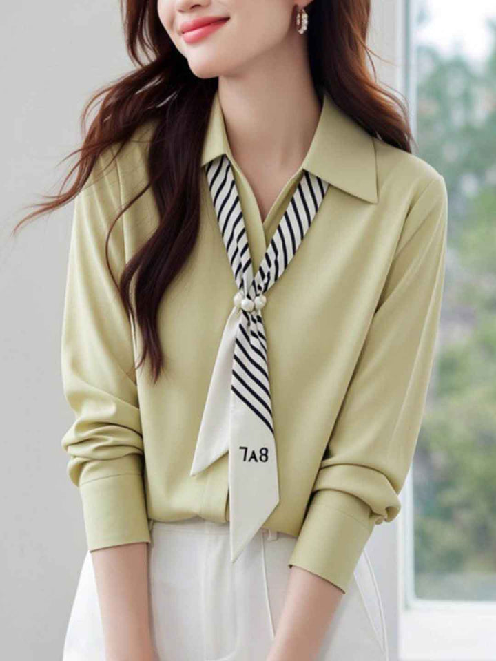 Olivia Lapel Solid Color Satin Ribbon Shirt