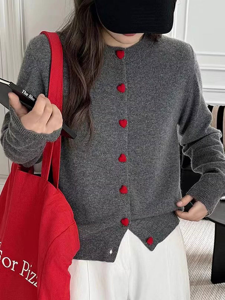Raya Elegant Crew Neck Heart Button Knitted Cardigan