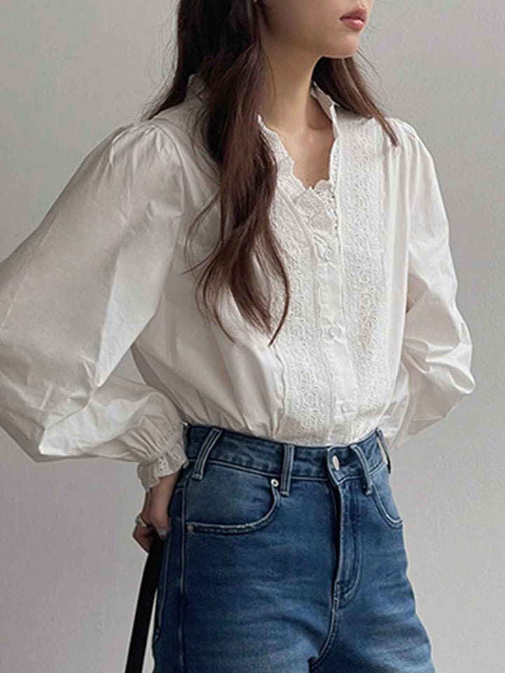 Mia Retro V-Neck Crocheted Lace Trim Top