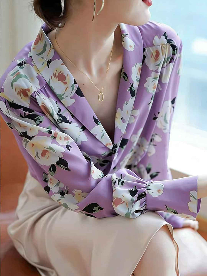 Isabella Spring V-Neck Printed Chiffon Shirt