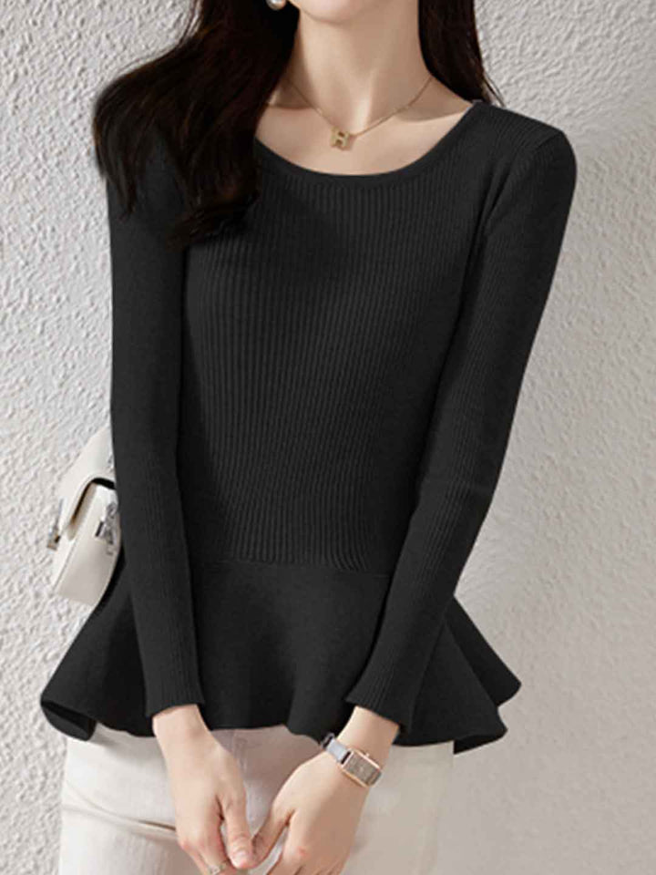 Jocelyn Slim Crew Neck Ruffled Knitted Top
