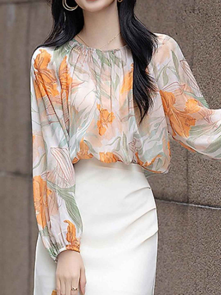 Caroline Elegant Crew Neck Printed Chiffon Shirt