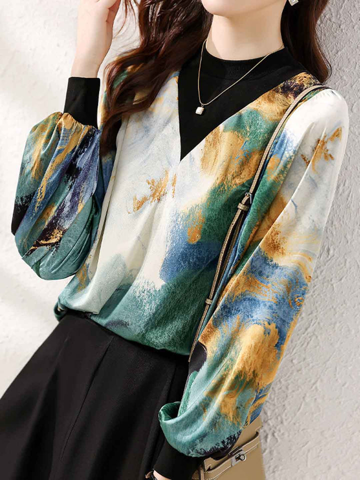 Brianna Casual Crew Neck Lantern Sleeve Patchwork Shirt