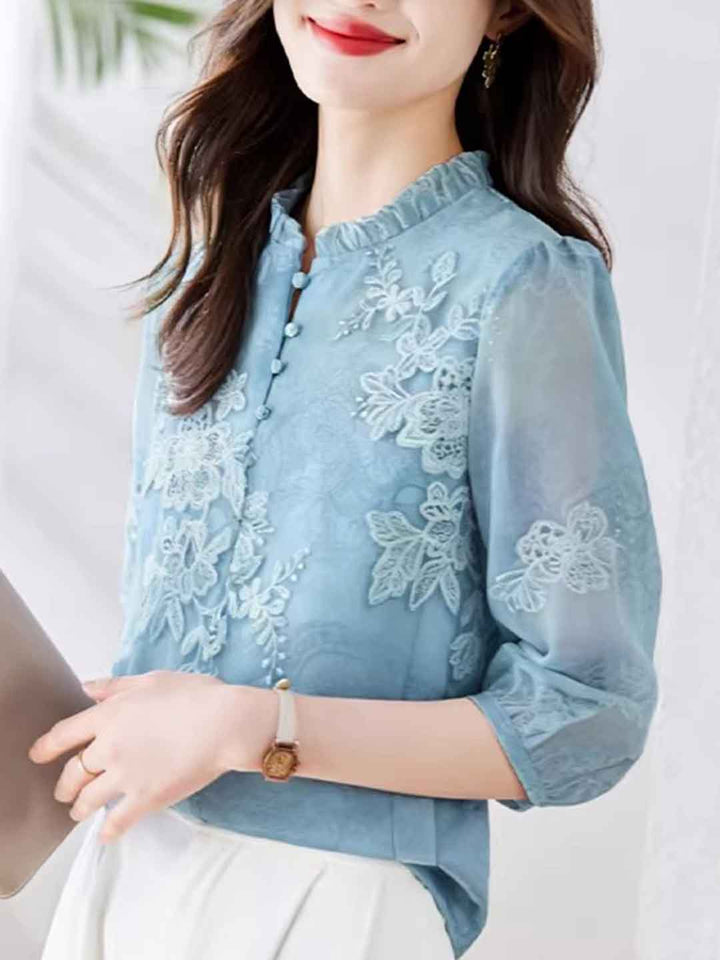 Brianna Loose Auricular Collar Printed Top