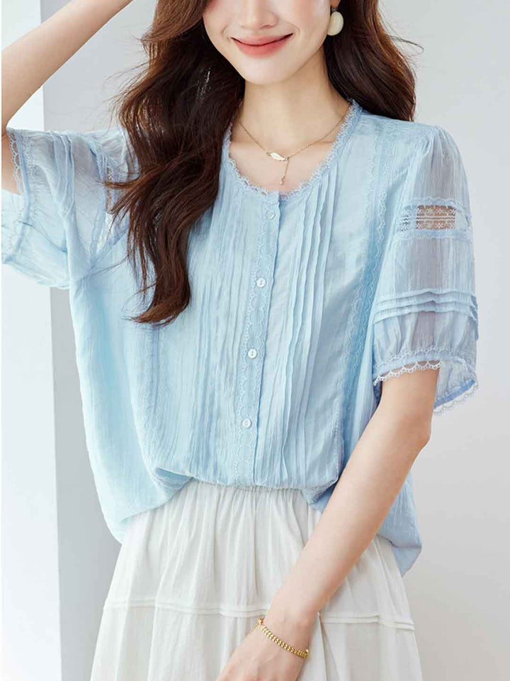 Paige Loose Crew Neck Lace Hollowed Blouse