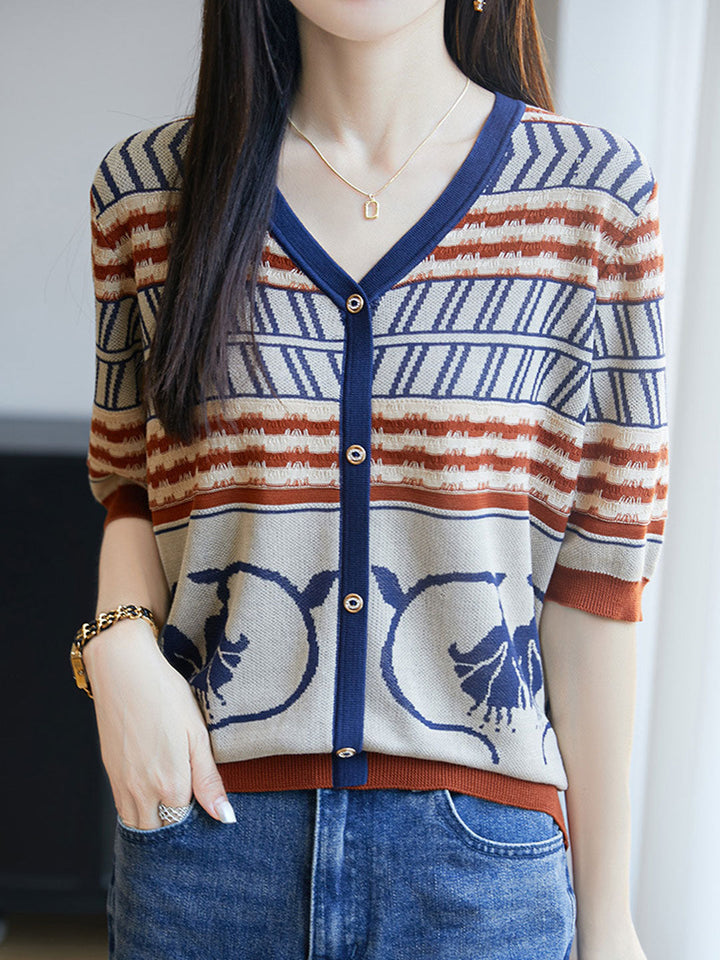 Andrea Loose V-Neck Jacquard Knitted Cardigan