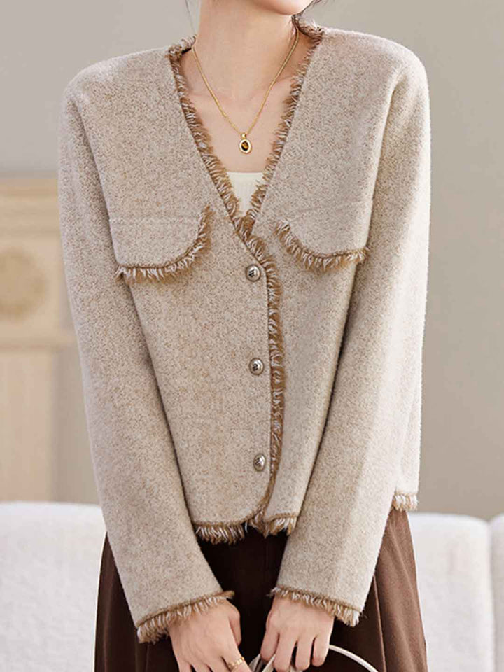Emma Retro V-Neck Solid Color Tweed Coat