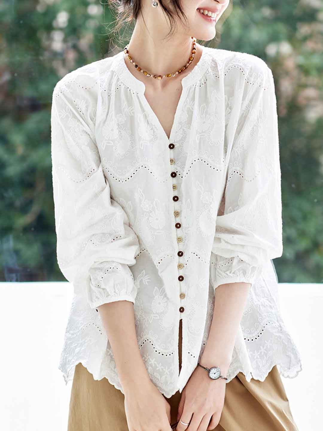 Ava Loose V-Neck Embroidered Top