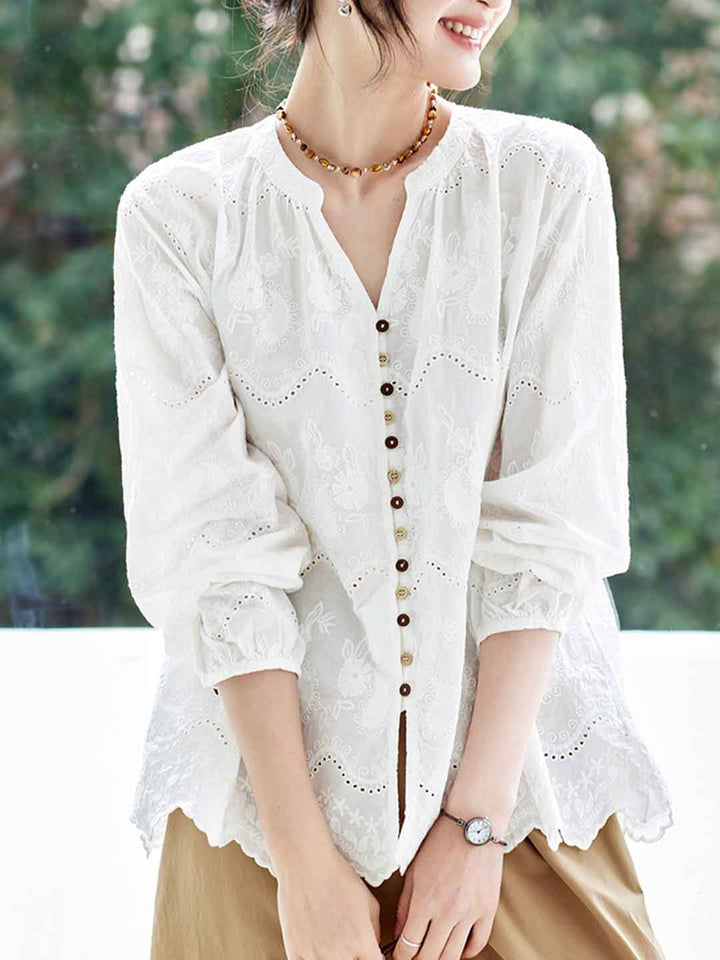 Ava Loose V-Neck Embroidered Top