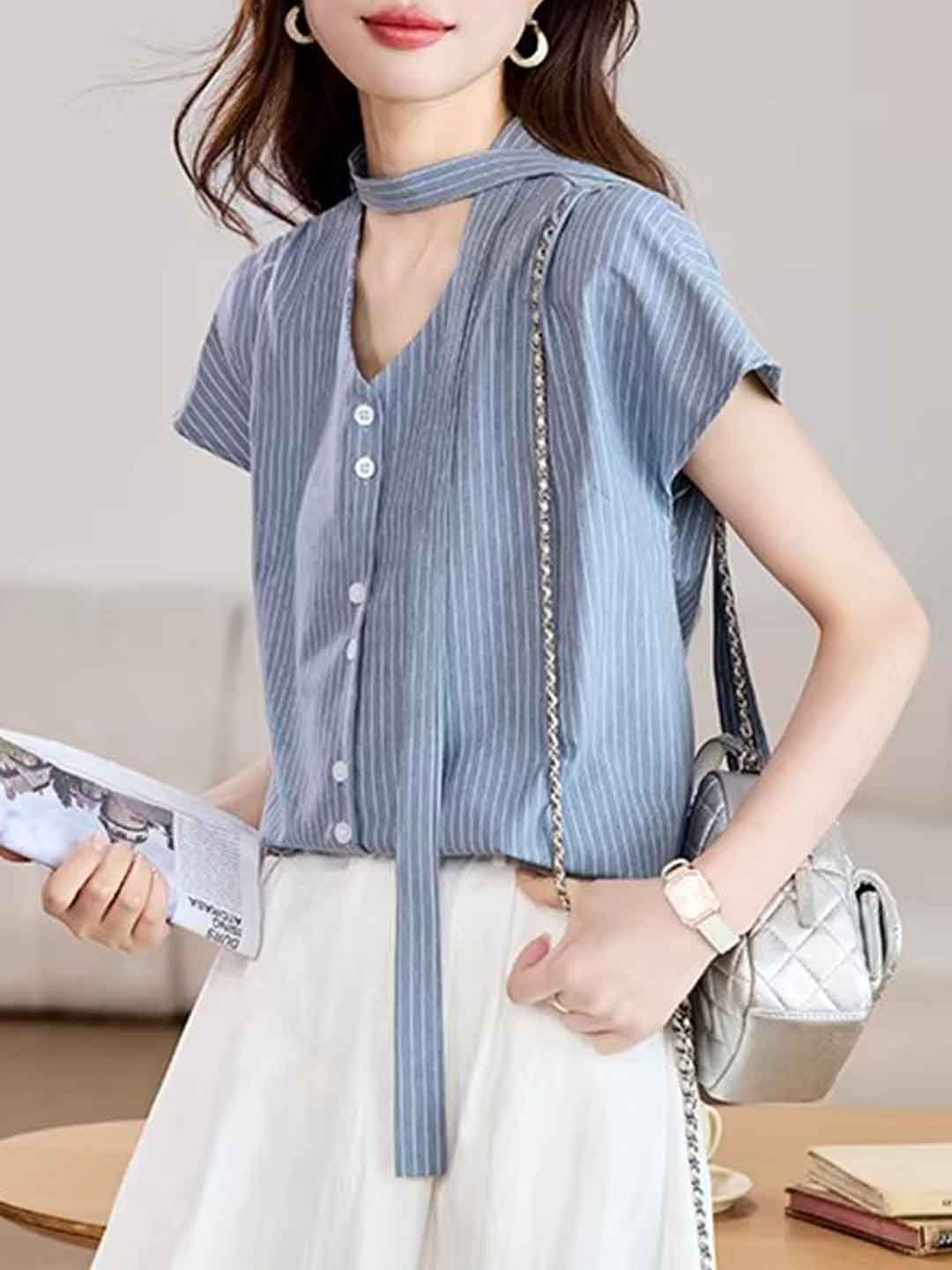 Brianna Daily V-Neck Ribbon Shirt