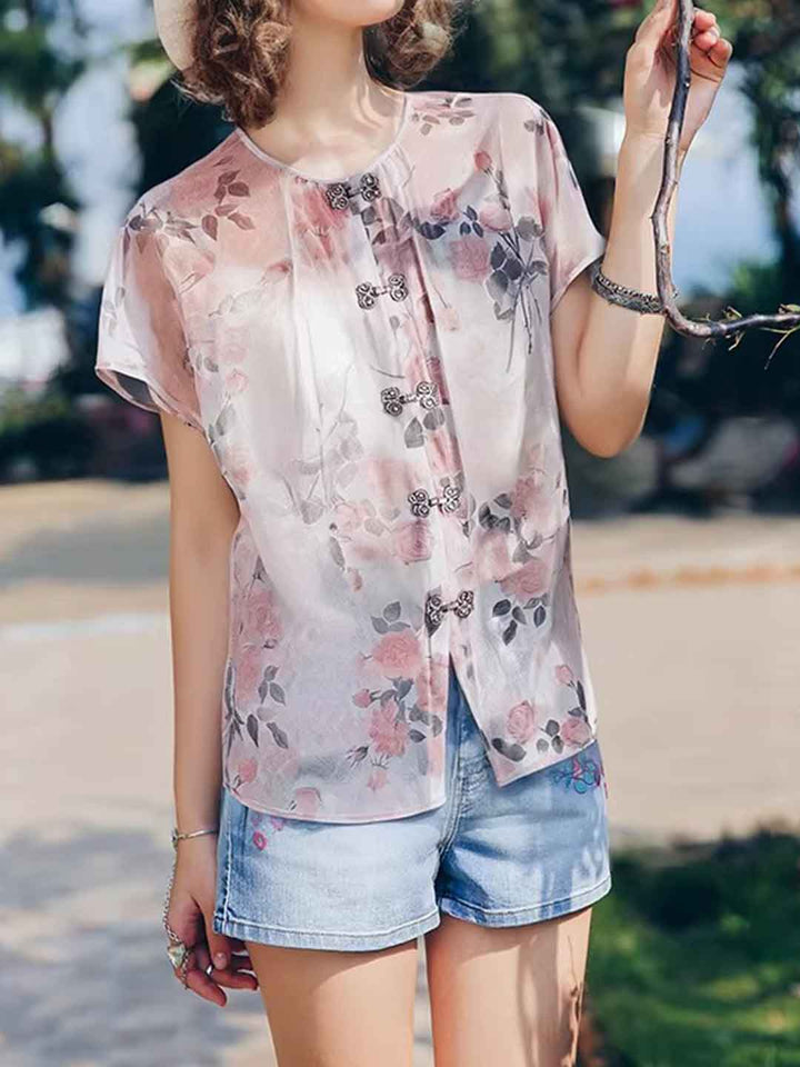 Sophia Slim Crew Neck Printed Chiffon Top