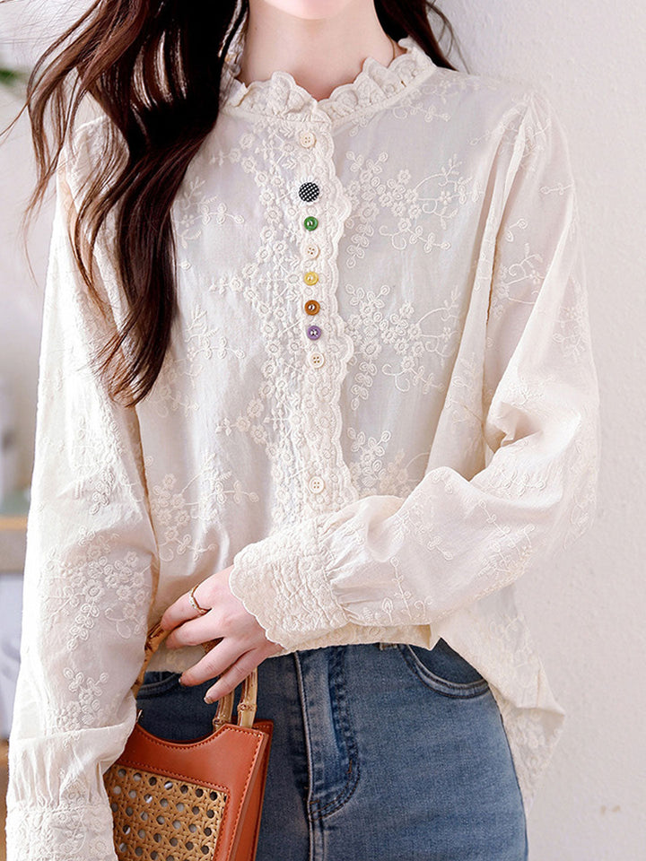 Emily Classic Solid Color Hollowed Embroidered Top