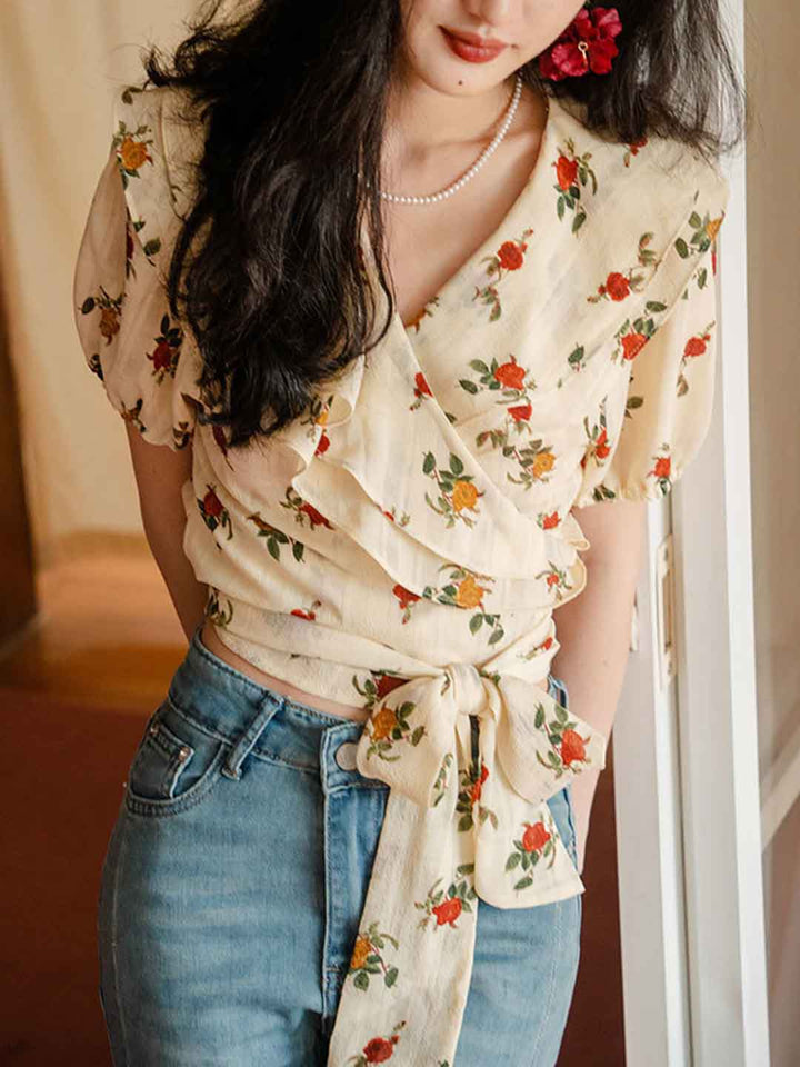 Addison Chic V-neck Waisted Floral Chiffon Top