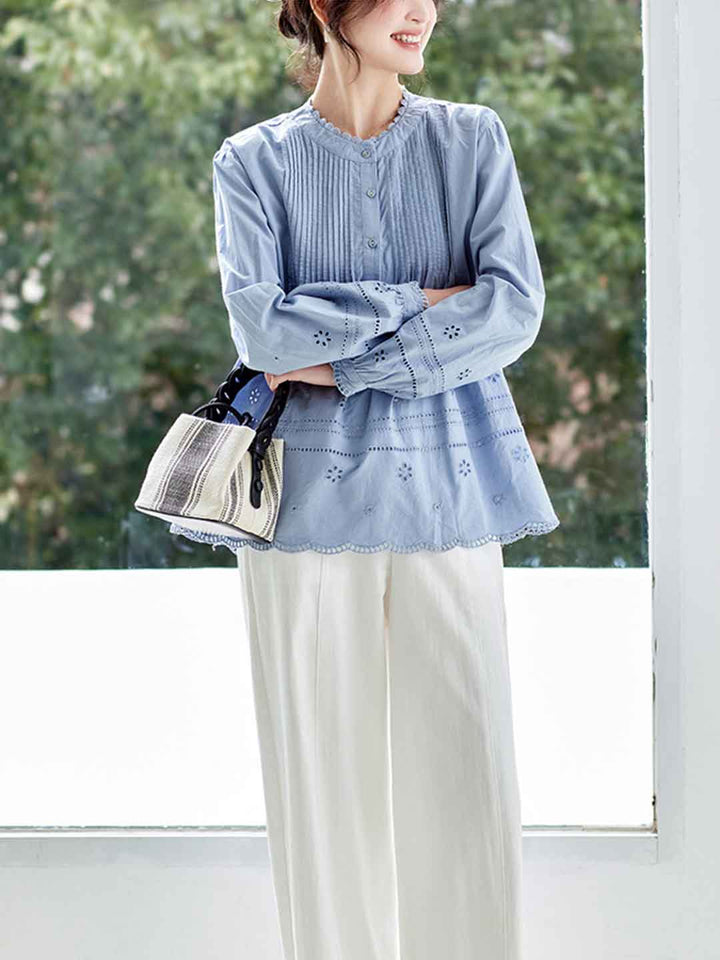 Madison Daily Crew Neck Crochet Accordion Pleated Top