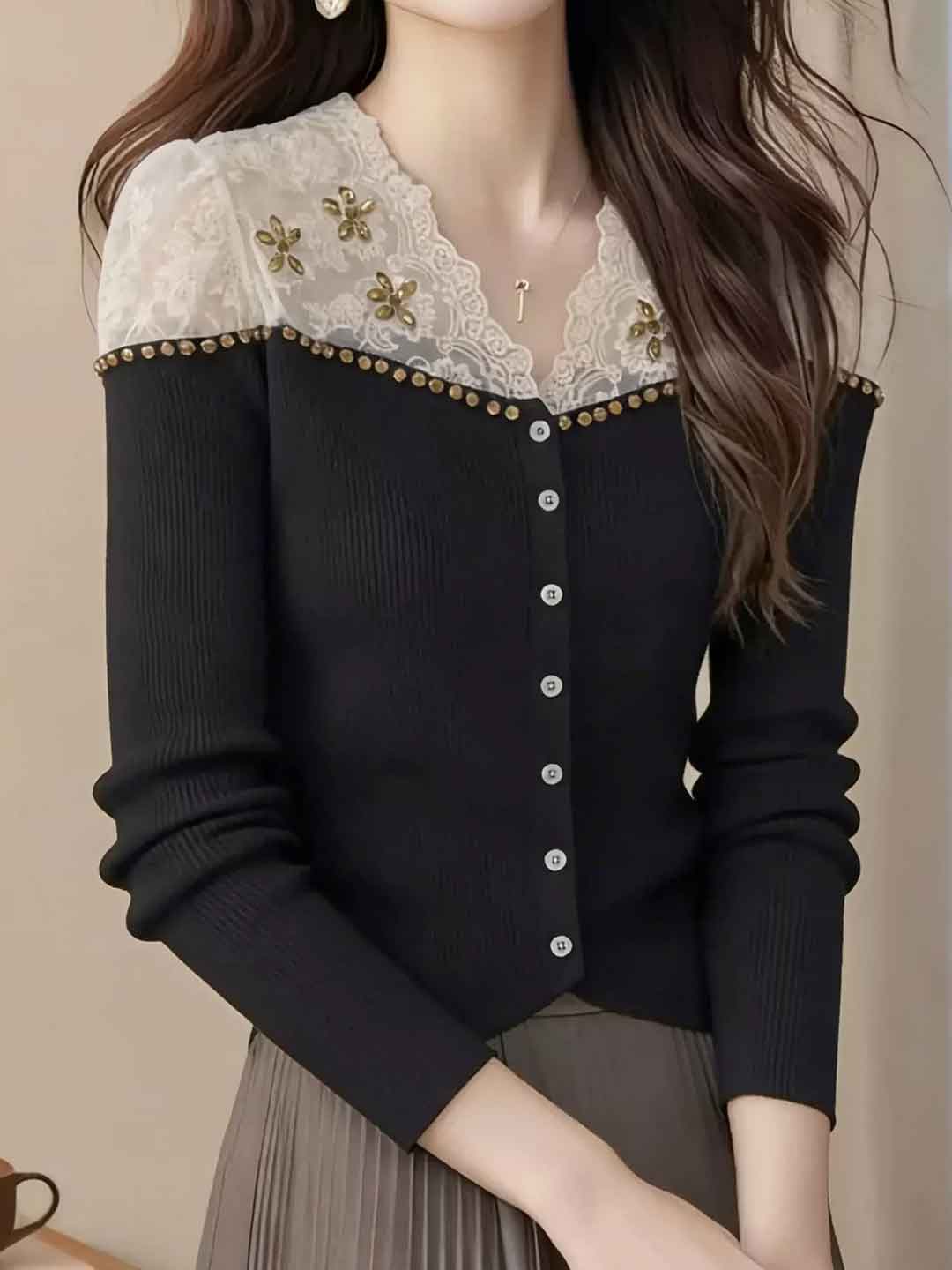 Arianna Slim V-Neck Rhinestone Lace Top