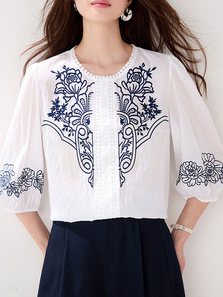 Elizabeth Retro Crew Neck Embroidered Linen Blouse