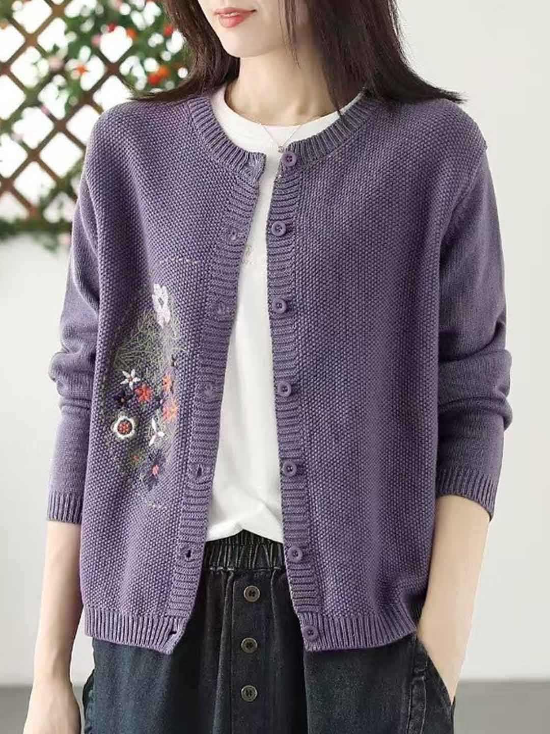 Anna Classic Crew Neck Embroidered Knitted Cardigan