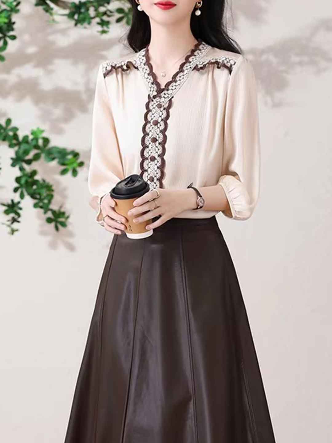 Nevaeh Casual V-Neck Embroidered Satin Shirt