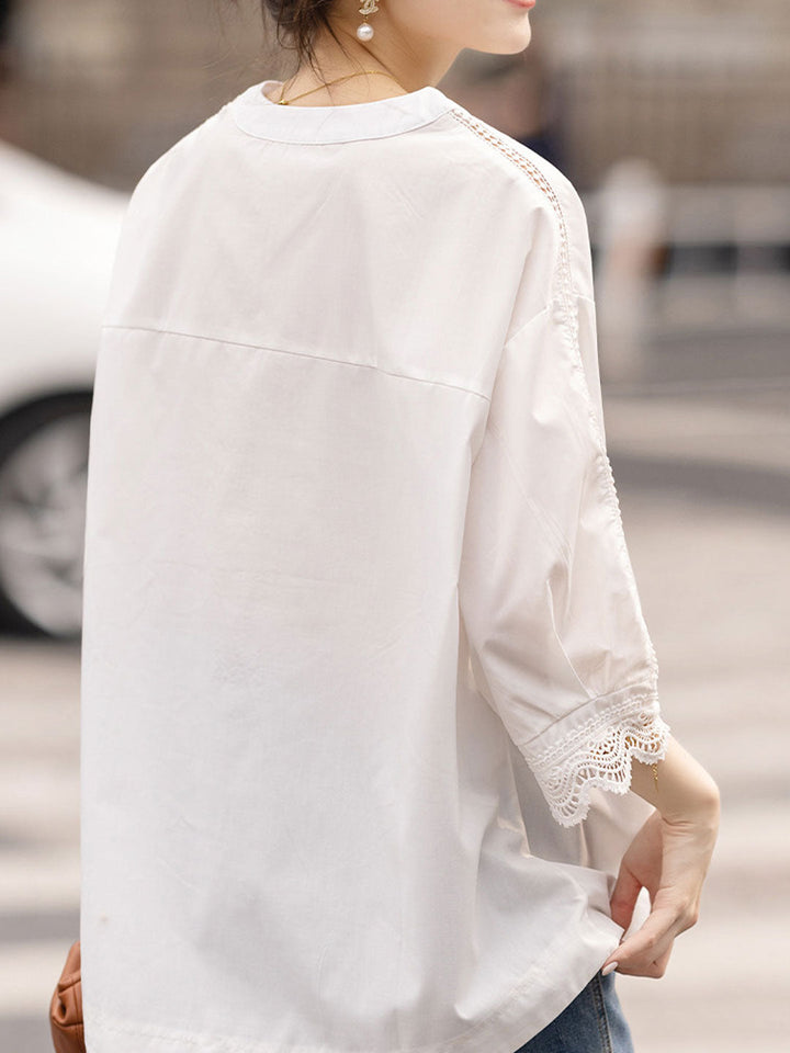 Emily Loose V-Neck Lace Trimmed Top