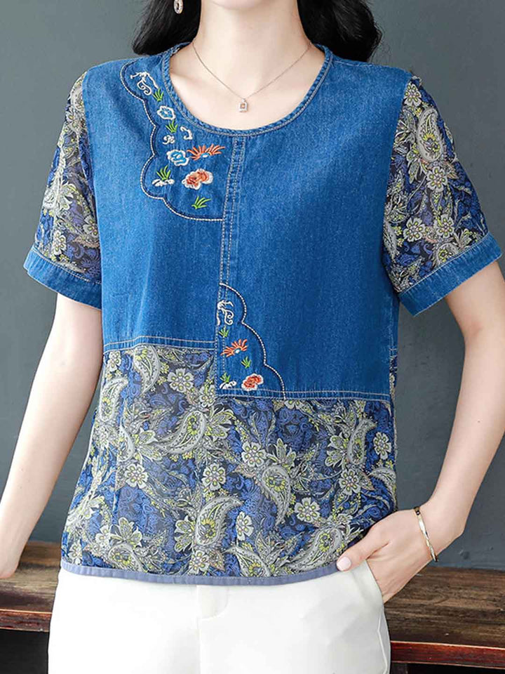 Mya Loose Crew Neck Embroidered Chiffon Top