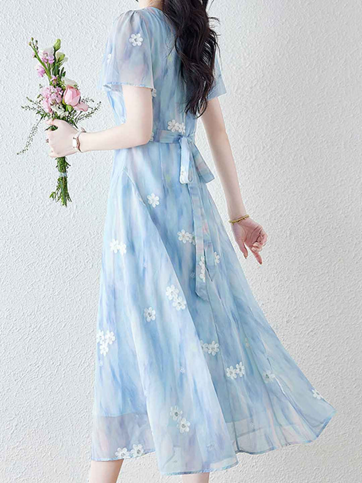 Natalie Vacation Square Neck Embroidered Floral Dress