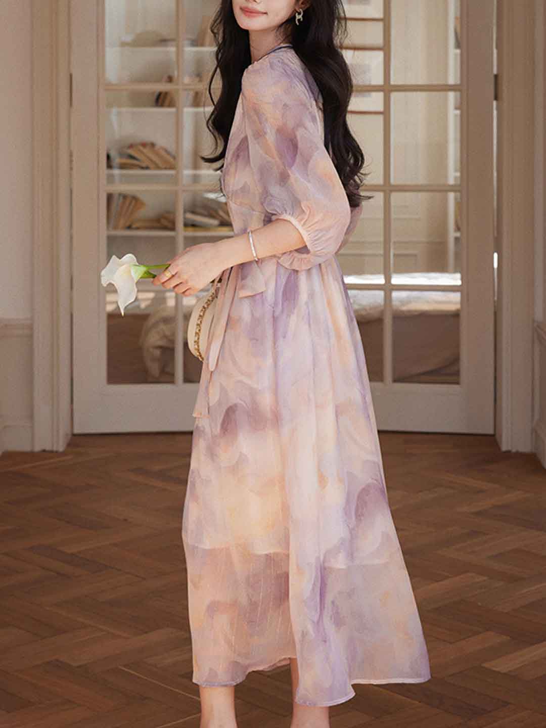 Abigail Classic V-Neck Floral Printed Tie Dress
