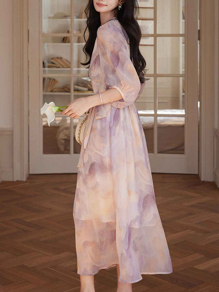 Abigail Classic V-Neck Floral Printed Tie Dress