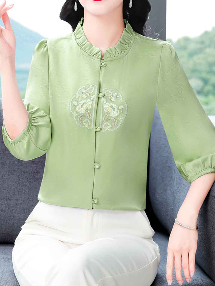 Mariah Loose Crew Neck Lantern Sleeve Auricular Embroidered Top-Green