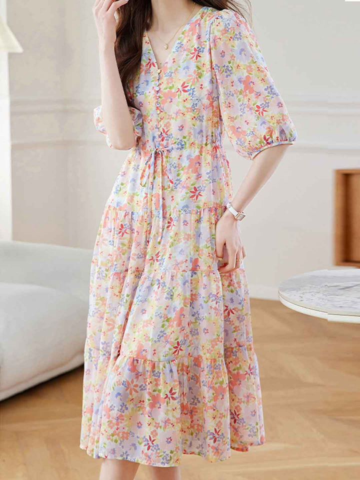 Anna Elegant V-Neck Waisted Floral Dress