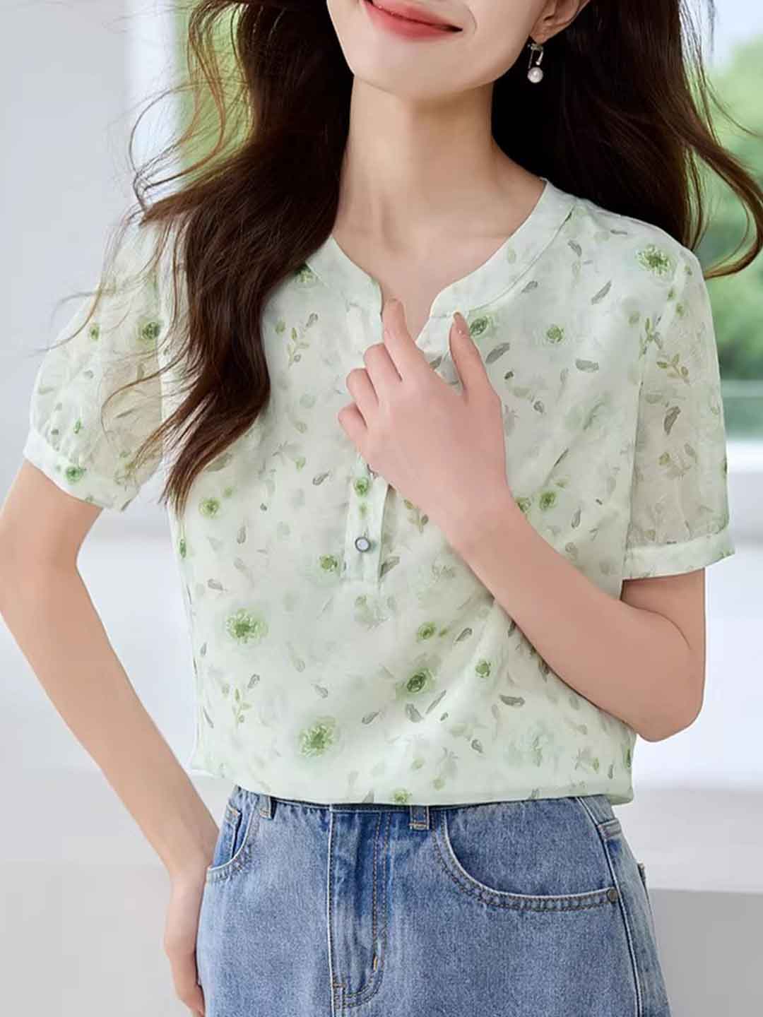 Madison Casual Puff Sleeve Floral Chiffon Blouse