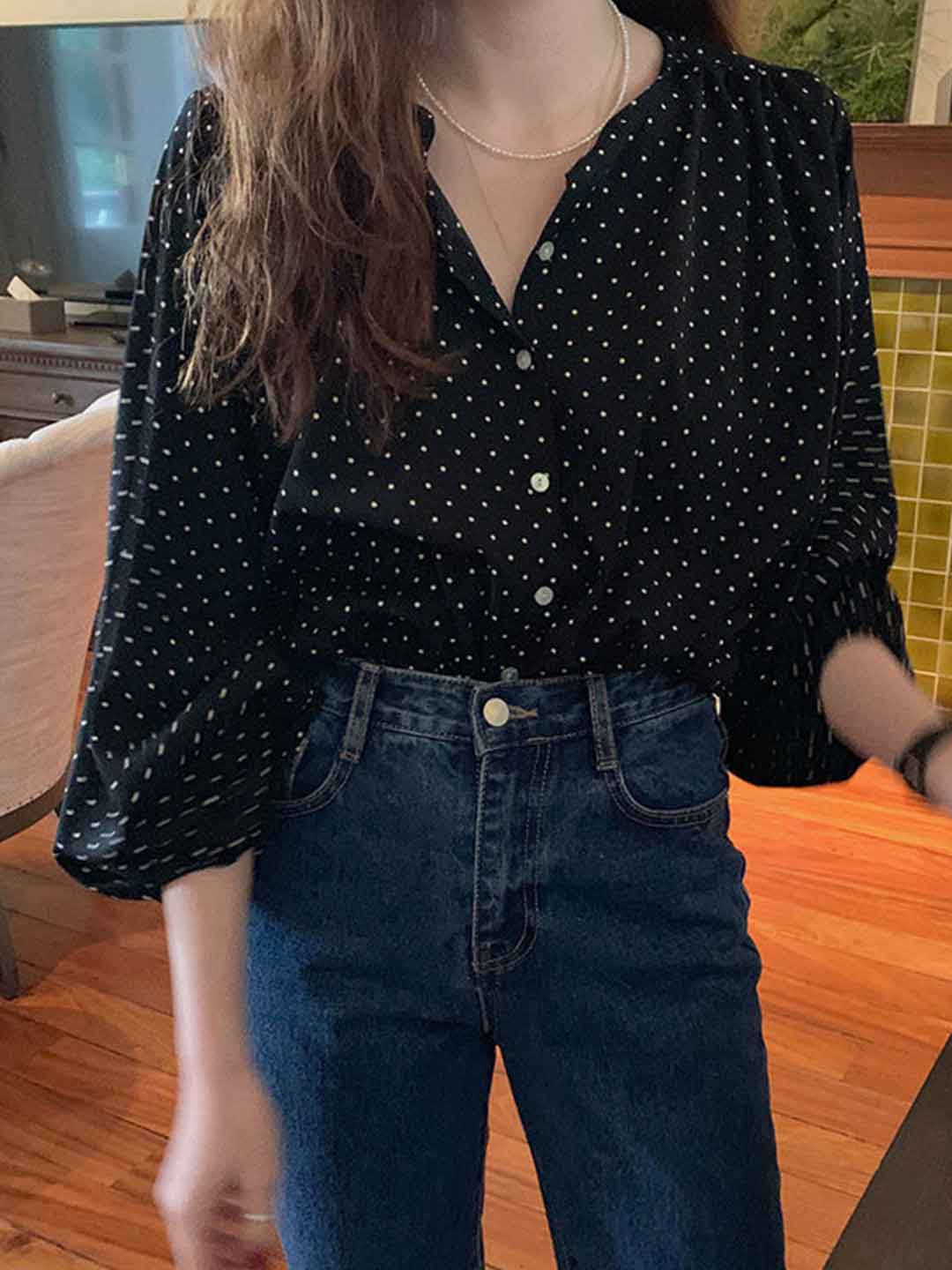 Peyton Loose V-Neck Lantern Sleeve Polka Dot Chiffon Top