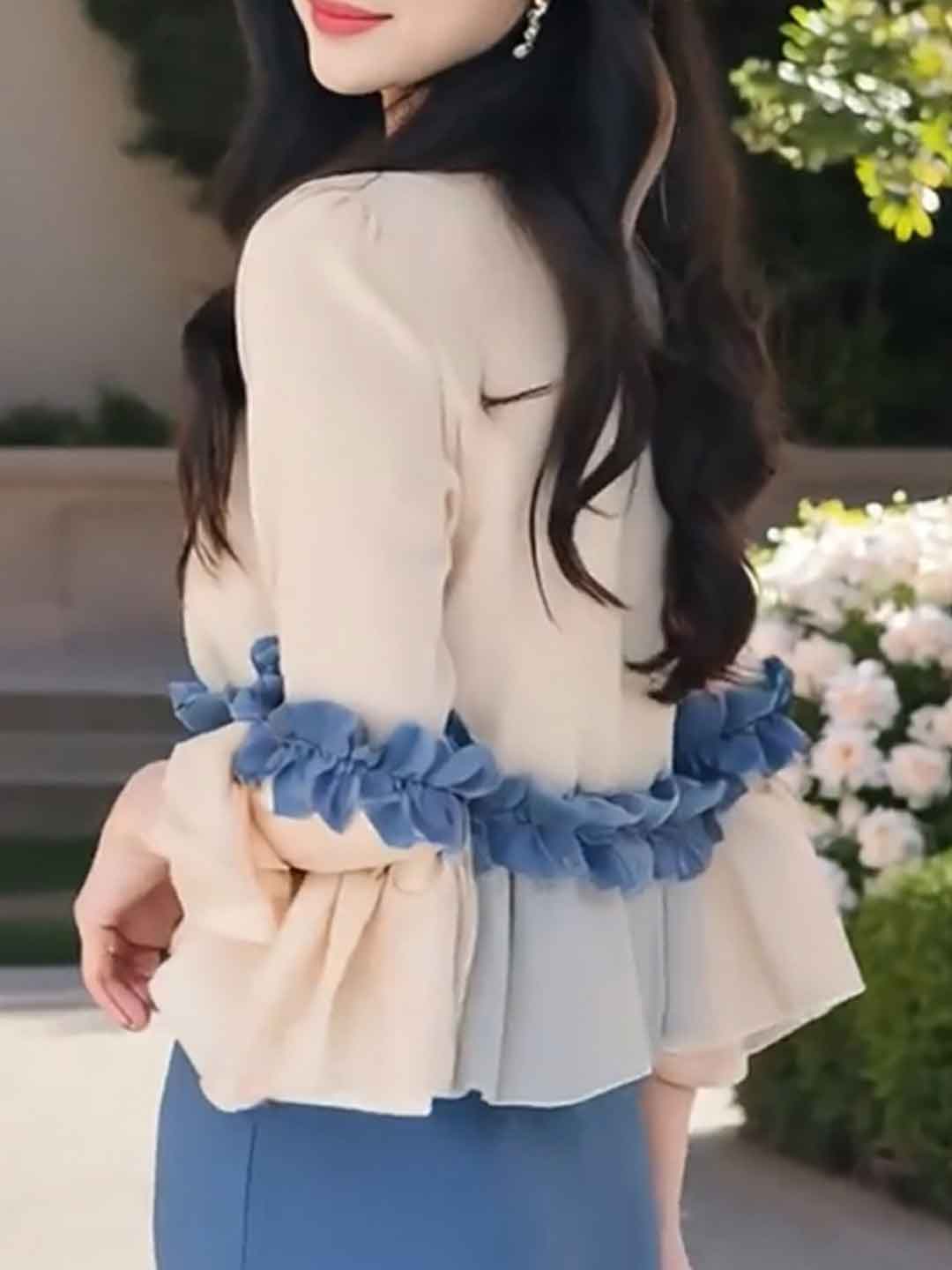 Julia Classic Crew Neck Ruffle Patchwork Top
