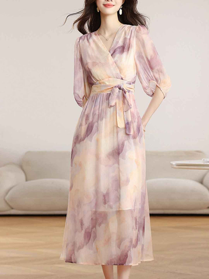 Natalie Vacation V-Neck Puff Sleeve Tie Printed Dress