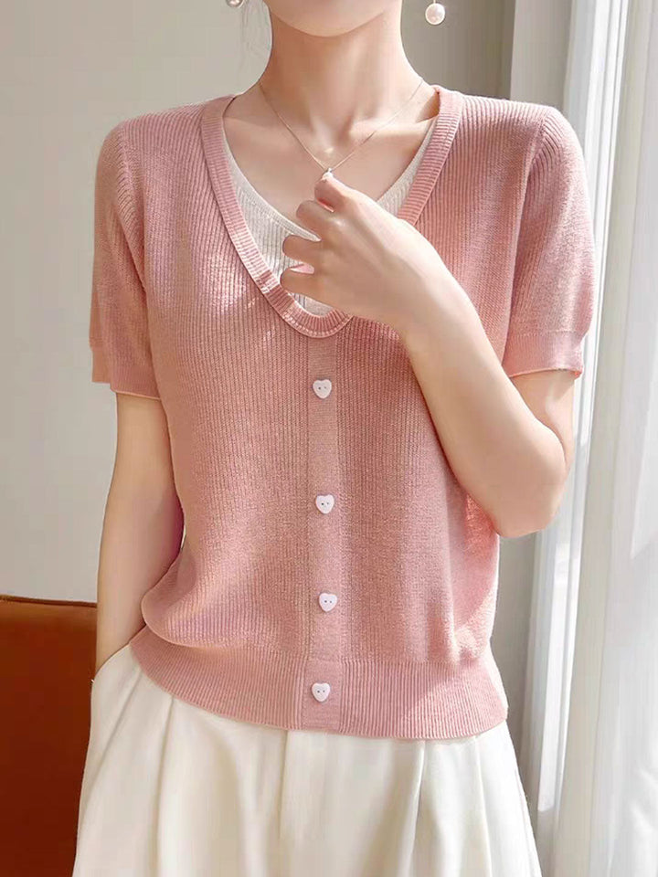 Angelina Casual V-neck Patchwork Knitted Top