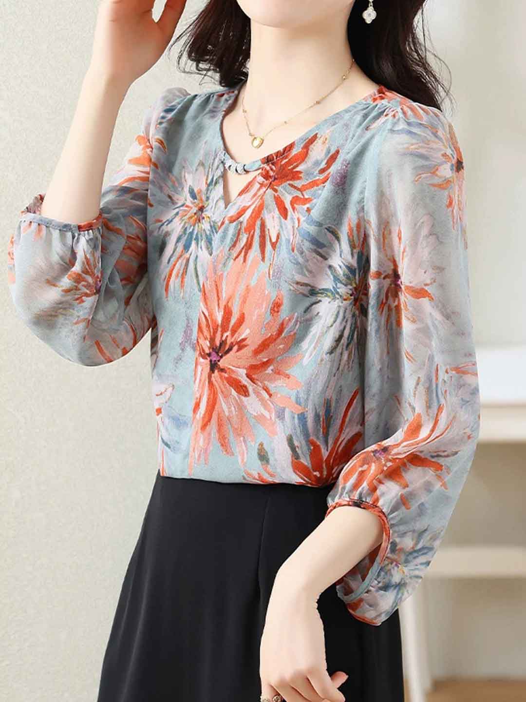 Ella Daily V-Neck Chiffon Floral Printed Blouse